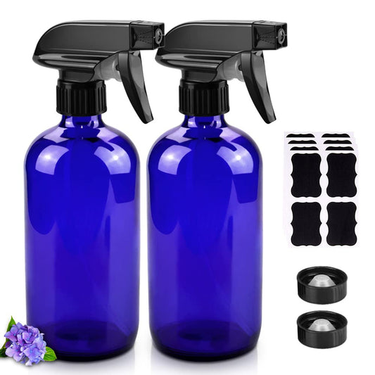 Glass Spray Bottles, 16oz Refillable Containers, Empty Boston Round Bottles with Labels & Adjustable Nozzle for Cleaning, Gardening, Aromatherapy, Pets, Plant, Hair -Clear (1 Pack)