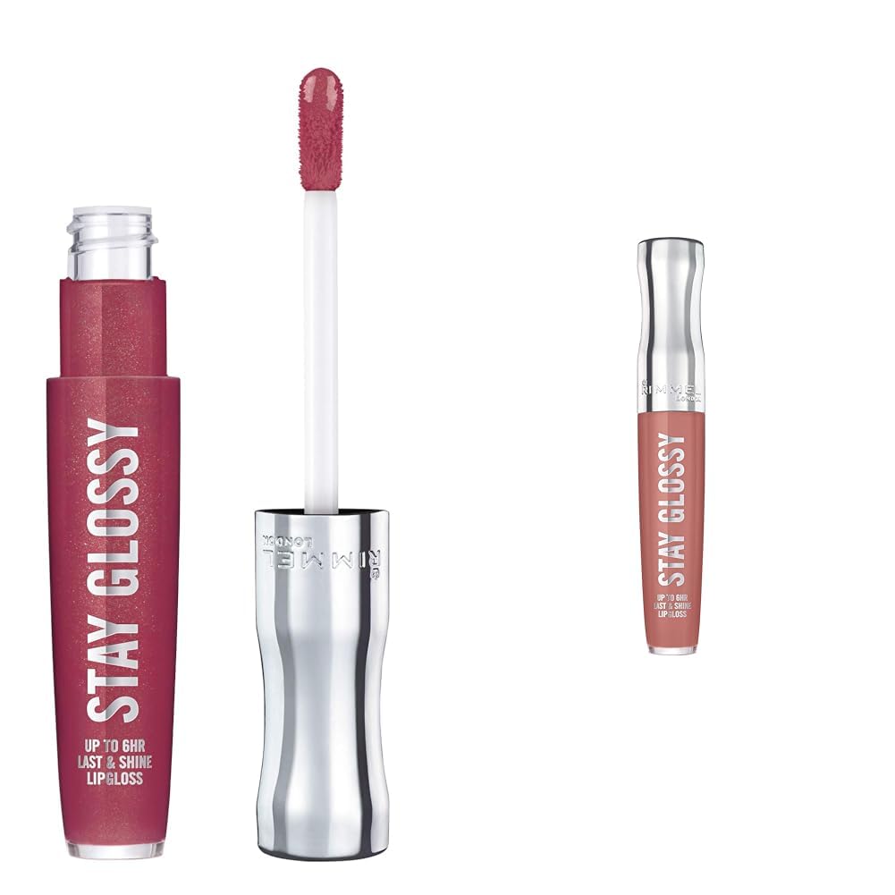 Rimmel Stay Glossy Lip Gloss Bundle - 340 Captivate Me! and 133 Bare Minimum, .18oz Each