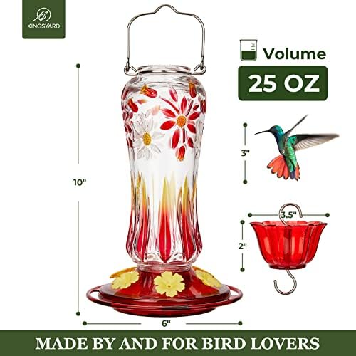 Kingsyard Hummingbird Feeder for Outdoors Hanging, 25 Ounces, Glass Humming Bird Nectar Feeder with Ant Moat & 6 Feeding Ports, Leak Proof, Red