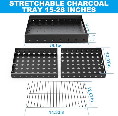 Stretchable 15-28 Inches Charcoal Tray Replacement Parts for Pit Boss Memphis I, Expert 24, Chargriller PS9900 2190, 6500, 6800, 8500 Grill Basket Pan for Smoke Hollow 47183T-21