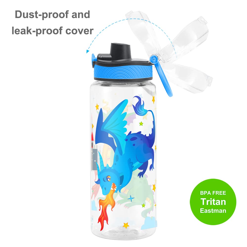 Cute Water Bottle for School Kids Girls, BPA FREE Tritan & Leak Proof & Easy Clean & Carry Handle, 23oz/ 680ml (Fire Dragon)