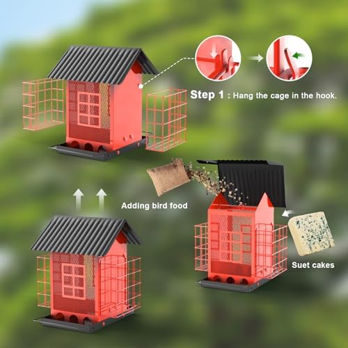 Bird Feeders for Outdoors Hanging, Metal Bird Feeder with Double Suet Cage Cake, Large Capacity, Birdfeeders Sturdy & Weatherproof, Easy to Clean & Refill, Great for Attracting Wild Birds