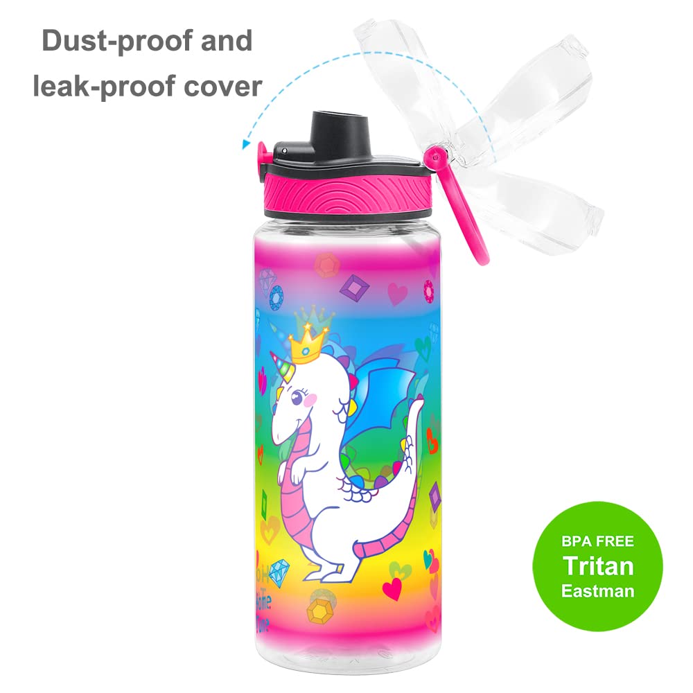 Cute Water Bottle for School Kids Girls, BPA FREE Tritan & Leak Proof & Easy Clean & Carry Handle, 23oz/ 680ml (Dragon)