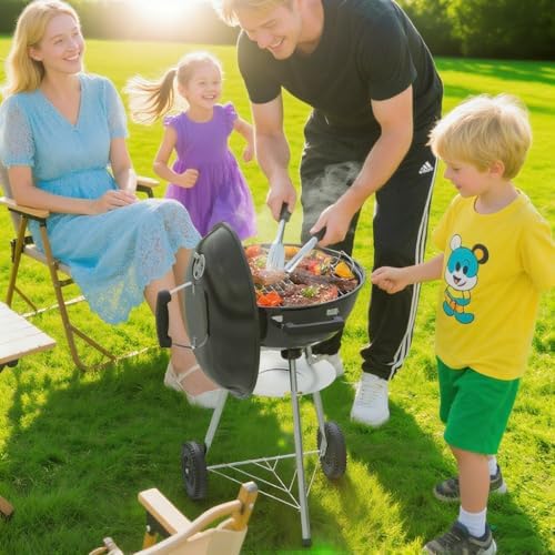 18 inch Charcoal Grill, Portable Kettle Barbecue Grills,Durable & Easy to Assemble, Round Smoker/BBQ Grill with Wheels for Backyard, Camping, Patio and Beach, Black