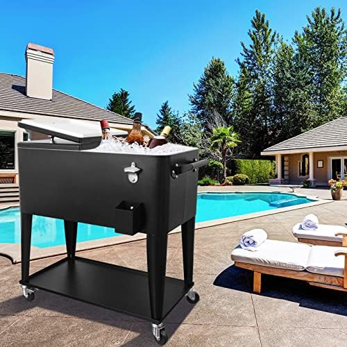 Nattork Portable Rolling Cooler Cart 80 Quart Cooler cart, Ice Chest Cart Trolley Rolling Cart Cooler with Wheels Outdoor Beverage Cooler for Patio Ice Chest with Shelf, Water Pipe and Bottle Opener