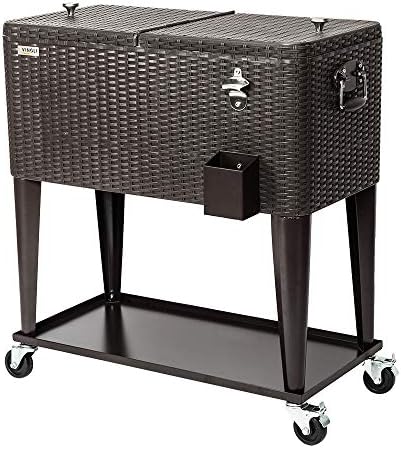 VINGLI 80 Quart Rolling Ice Chest, Portable Patio Party Bar Drink Cooler Cart, with Shelf, Beverage Pool with Bottle Opener (Brown)
