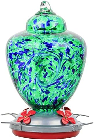 REZIPO Hummingbird Feeder with Perch - Hand Blown Glass - Green(Firework) - 38 Fluid Ounces Hummingbird Nectar Capacity Include Hanging Wires and Moat Hook, blue/Green