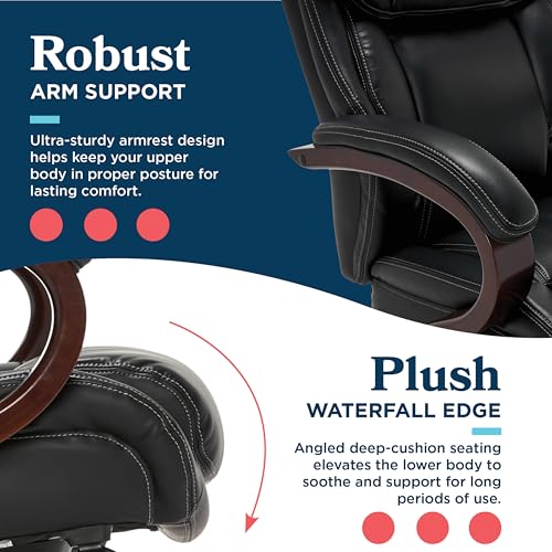 La-Z-Boy Bellamy Executive Office Chair with Memory Foam Cushions, Real Wood Arms and Swivel Base, Waterfall Seat Edge, Faux Bonded Leather, Black