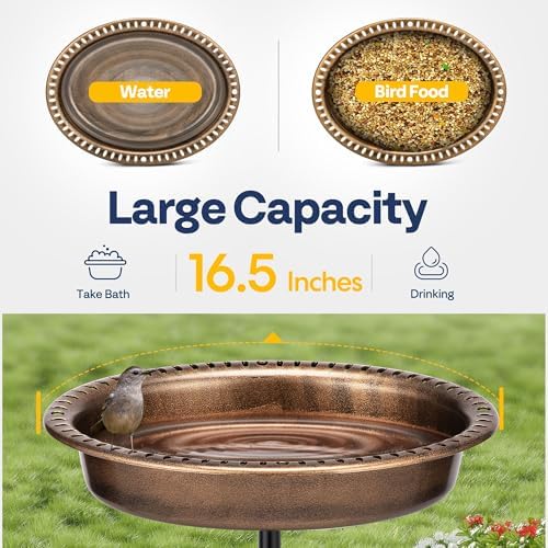VIVOHOME Oval Polyresin Bird Bath Bowl with Solar Fountain, 29 Inch Height Outdoor Freestanding Birdfeeder with Metal Stake, Capacity 1.3 Gallons, 5-Pronged Base, Copper