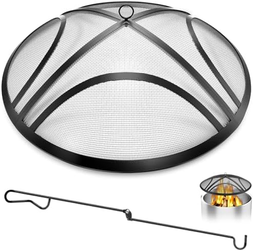Fire Pit Spark Screen, Upgraded 22 Inch Outdoor Fire Pit Screen with Handle & Poker, Heavy-Duty Steel Fire Pit Cover Round Mesh Replacement Firepit Screen for Backyard/Beach/RV Camping