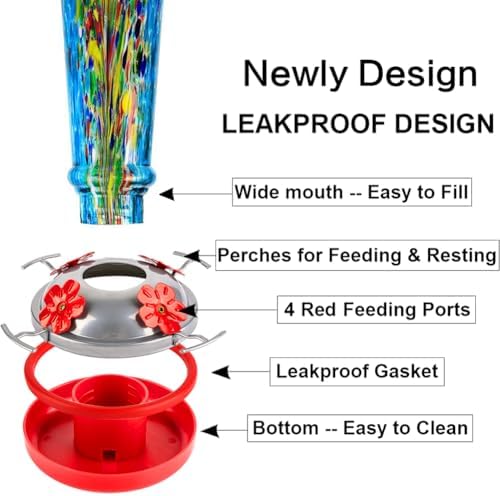 Window Hummingbird Feeder with 5 Strong Suction Cup 16 Ounces Colorful Hand-Blown Glass Hummingbird Feeder for Outdoor Patio Hanging Windows Mount (Blue)