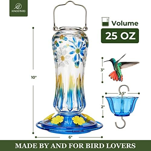 Kingsyard Hummingbird Feeder for Outdoors Hanging, 25 Ounces, Glass Humming Bird Nectar Feeder with Ant Moat & 6 Feeding Ports, Leak Proof, Blue