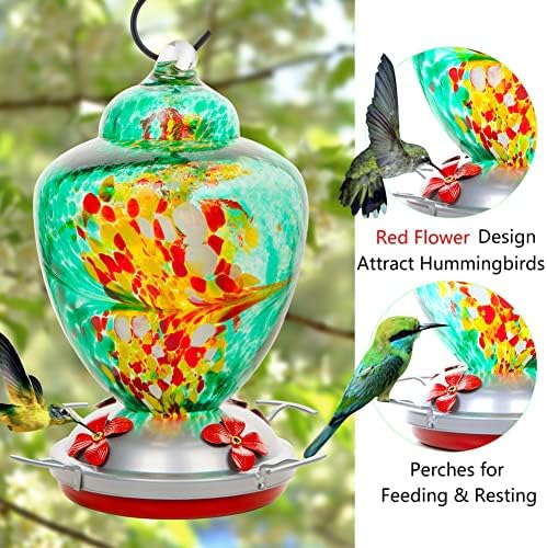 REZIPO Hummingbird Feeder with Perch - Hand Blown Glass - 38 Fluid Ounces Hummingbird Nectar Capacity Include Hanging Wires and Moat Hook (Green)