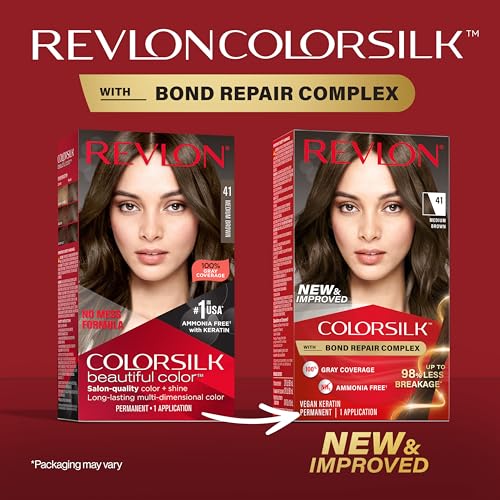 Revlon ColorSilk with Bond Repair Complex, Brown Permanent Hair Color, 100% Gray Coverage, Ammonia Free Hair Dye, Vegan Keratin, 41 Medium Brown (Pack of 3)