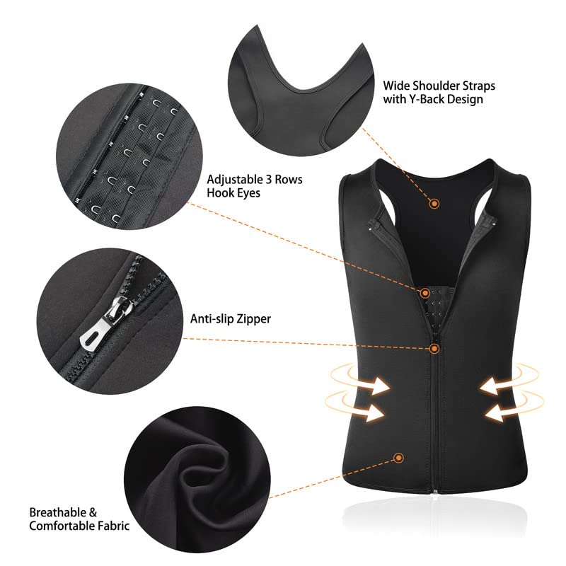 SHAPERIN Men Zipper Sauna Vest Tank Top, Compression Sweat Vest, Neoprene Waist Trainer Body Shaper Slimming Corset Belt Gridle Vest (Black,Small)