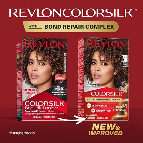 Revlon ColorSilk with Bond Repair Complex, Brown Permanent Hair Color, 100% Gray Coverage, Ammonia Free Hair Dye, Vegan Keratin, 43 Medium Golden Brown (Pack of 3)