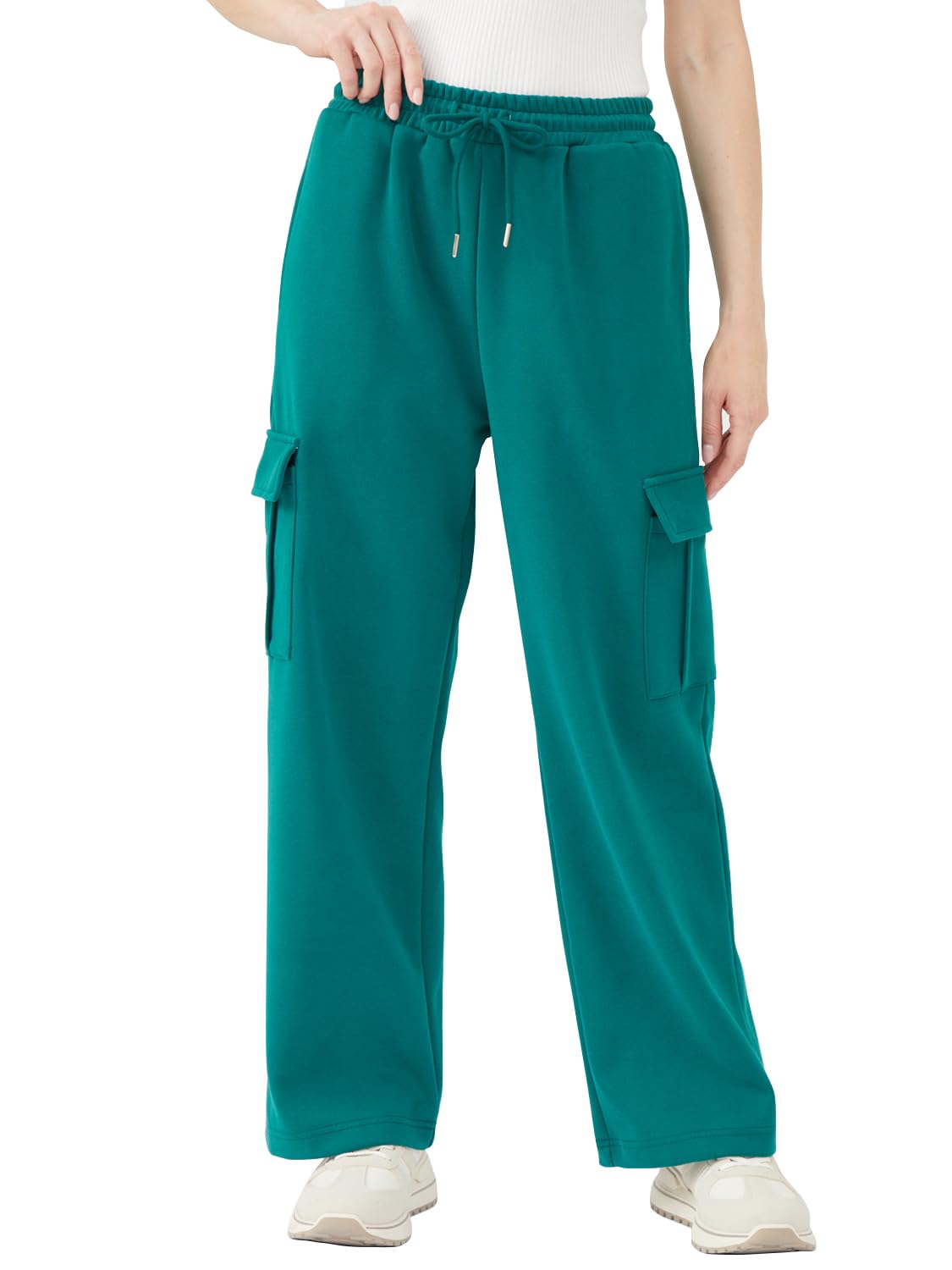 EYZH Womens Cargo Sweatpants High Waist Wide Leg Pants Drawstring Pockets Women Lounge Workout Long Pants Fall Winter Clothes Dark Green
