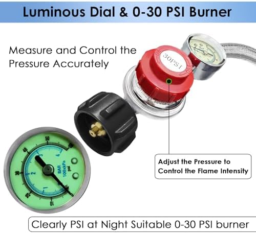 High Pressure Cast-Iron Round Burner Head 0-30PSI Adjustable Pressure Propane Regulator with Hose and Brass Fitting Propane Burner Head with 5FT Stainless Braided Hose for Turkey Fryer Burners