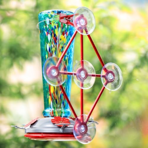 Window Hummingbird Feeder with 5 Strong Suction Cup 16 Ounces Colorful Hand-Blown Glass Hummingbird Feeder for Outdoor Patio Hanging Windows Mount (Blue)