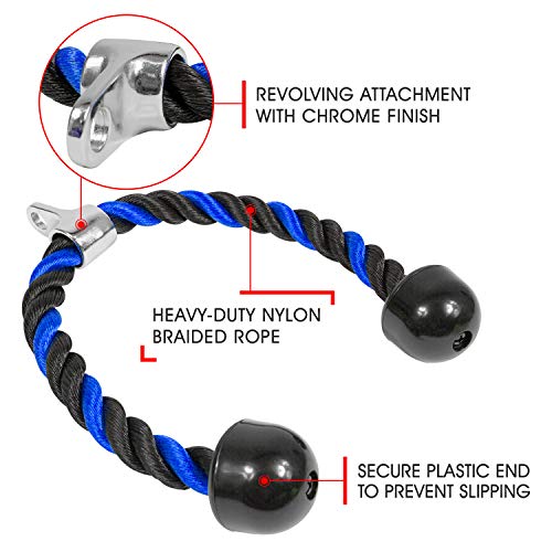 Yes4All Deluxe Blue Black Tricep Rope 27 Inches Black Cable Attachment, Pulley System Gym Pull Down Rope with Carabiner, Exercise Machine Attachment, G. 27 inch - Blue Black