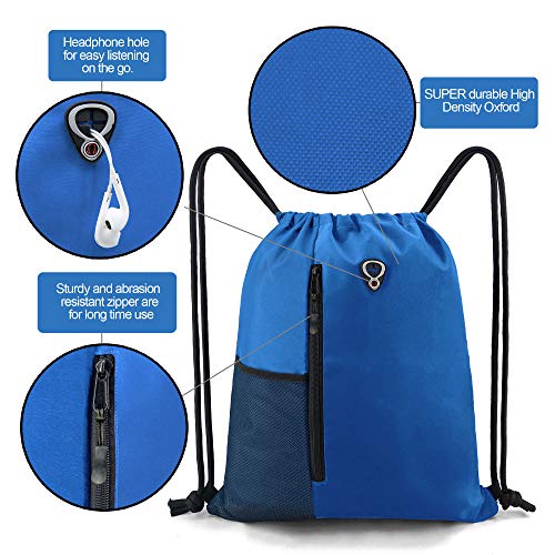 BeeGreen Royalblue Draw Strap Backpack For Men With Water Bottle Pocket &Front Zippered Pocket Large String Bags For Traveling Yoga Beach Outdoor Gym
