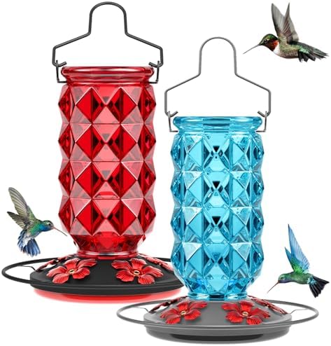 2 Pack Glass Hummingbird Feeders for Outdoors, 25 Ounces Wild Bird Nectar Feeder with Perch & 5 Flower Feeding Ports Leak Proof Hanging for Garden Backyard Decor, Gifts for Women Mom, Red & Blue