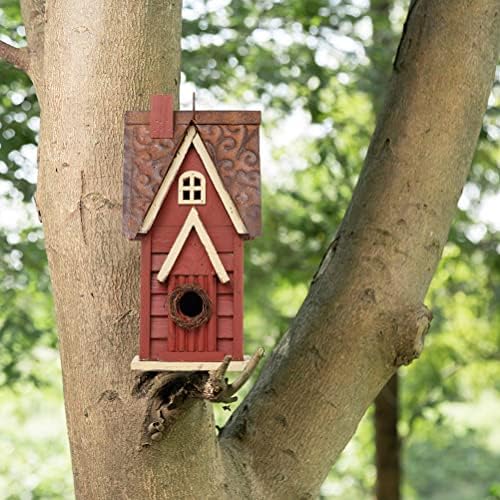 Glitzhome Solid Wood Distressed Cottage Garden Birdhouse Hanging Bird House for Outdoors 12" H,Red