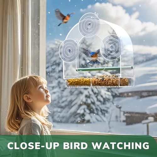 Window Bird Feeder for Outdoors, Clear Feeders Window Mounted with Strong Suction Cups, Fummingbird Feeder for Viewing Inside, Oriole, Finch Bird Watching for Cats, Elderly, Kids