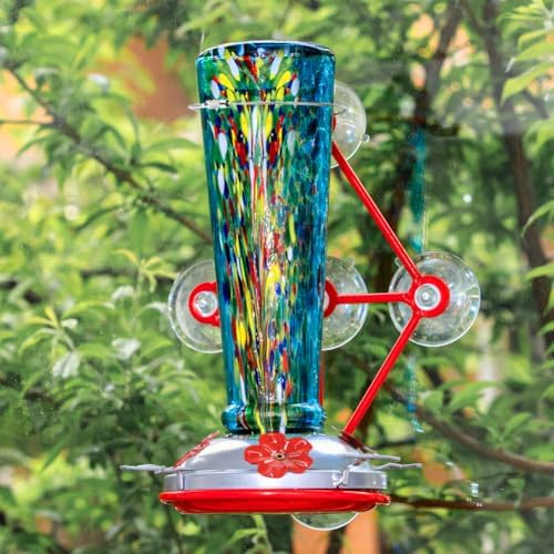 Window Hummingbird Feeder with 5 Strong Suction Cup 16 Ounces Colorful Hand-Blown Glass Hummingbird Feeder for Outdoor Patio Hanging Windows Mount (Blue)