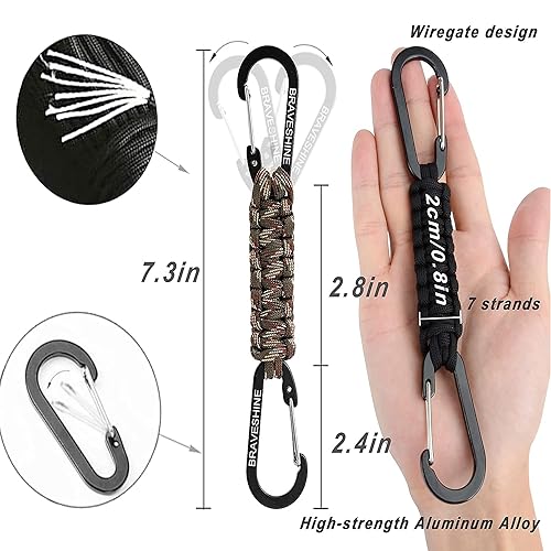 BRAVESHINE 1 Black 1 Camo Paracord Keychain Hook Carabiner Clips, Lanyard Hanger with D Ring Hooks Heavy-Weight Stroller Hook Holder for Water Bottle, Key, Backpacks, Tools, Boys, Girls, Men, Women
