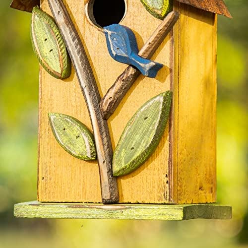 Glitzhome 9.7" H Hanging Birdhouse for Outdoor Patio Garden Decorative Pet Cottage Distressed Wooden Birdhouse, Leaves Rustic Yellow