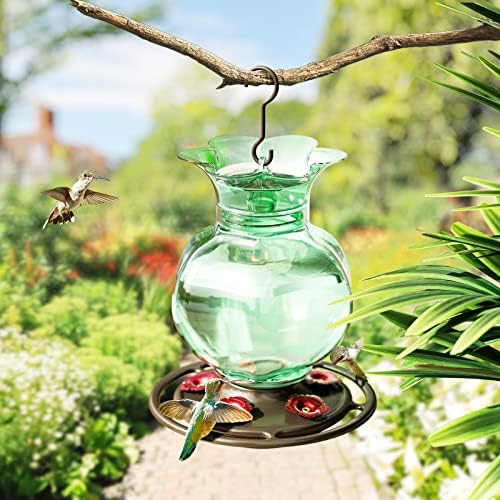 Auslar Hummingbird Feeder, Green Glass Hummingbird Feeder for Outdoors Hanging with Ant Moat, 5 Simulation Flowers Feeding Ports, 23 Ounces, Rustproof, Fade Proof, Pomegranate Shape, 2 Pack