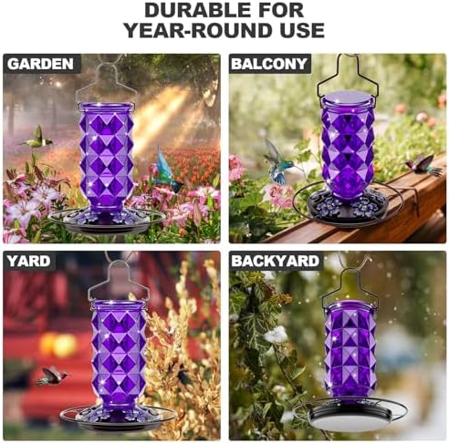 2 Pack Glass Hummingbird Feeders for Outdoors, 25 Ounces Wild Bird Nectar Feeder with Perch & 5 Flower Feeding Ports Leak Proof Hanging for Garden Backyard Decor, Gifts for Women Mom, Red & Purple