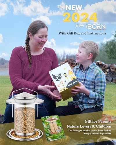iBorn Metal Bird Feeders for Outdoors,Easy Clean Bird Seed Feeder,Hanging Bird Feeder for Seeds with Gift Box,3-Second Refill Bird Feeder,Nickle 6 Port (Seed is not Included)