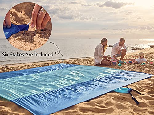 Wekapo Beach Blanket Sandproof, Beach Mat, Big & Compact Sand Free Mat Quick Drying, Lightweight & Durable with 6 Stakes & 4 Corner Pockets, Standard (1~3 person)