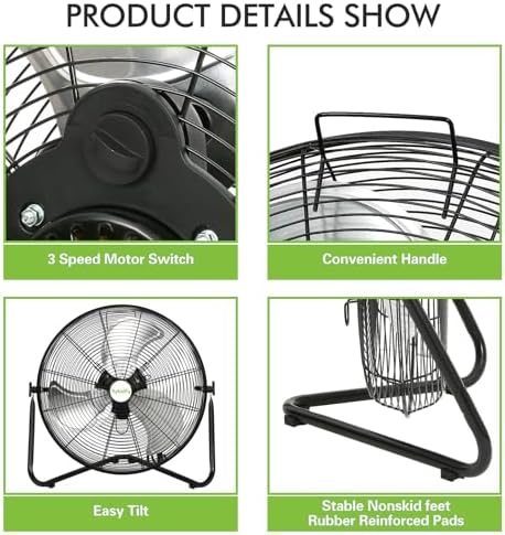 hykolity 4600 CFM 20" High Velocity Floor Fan, 3-Speed Heavy Duty Metal Fan with Wall-Mounting System, Industrial Shop Fan for Warehouse, Garage, and Workshop