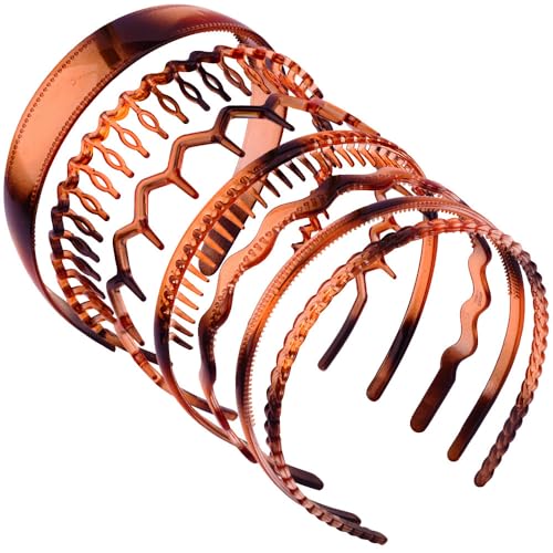 AHONEY 7 Pack Brown Headbands for Women Mens Plastic Headbands with Teeth Non Slip Hairbands for Women's Hair Accessories Comb Headband Diademas Para Mujer (Amber)