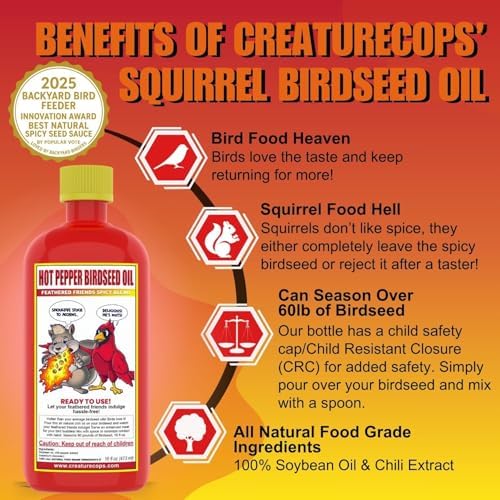CreatureCops⢠Spicy Squirrel Seed Sauce | All-Natural & Squirrel-Resistant Hot Pepper Bird Seed Oil | Flaming Hot Sauce - Seasons >60lb per 16oz Bottle