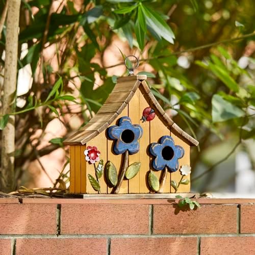Glitzhome Hanging Birdhouses for Outside, 10.75" L Distressed Solid Wood Birdhouse with 3D Flowers Rustic Two-Story Townhouse Hand-Painted Bird Houses for Outdoors,Washed Yellow