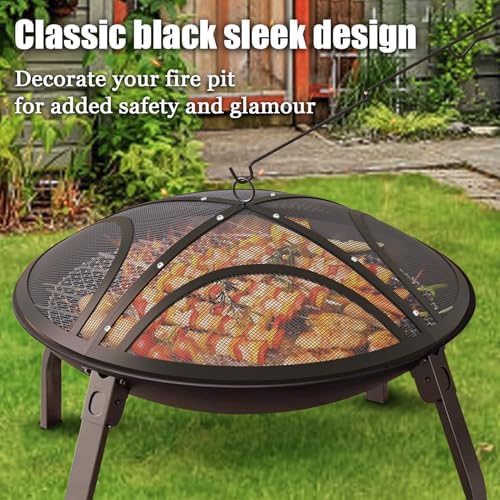 Fire Pit Spark Screen, Upgraded 22 Inch Outdoor Fire Pit Screen with Handle & Poker, Heavy-Duty Steel Fire Pit Cover Round Mesh Replacement Firepit Screen for Backyard/Beach/RV Camping
