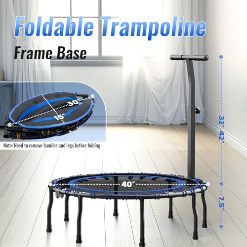 Vimexciter 40" Foldable Mini Fitness Trampoline with Adjustable Foam Handle, Exercise Rebounder for Adults Kids Indoor/Garden Exercise, Max Load 400 lbs, Blue