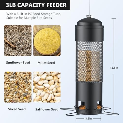 Bird Feeders for Outdoors Squirrel Proof with Weight-Activated Perches, Hanging Bird Feeder for Outside, Metal Feeder for Wild Cardinal, Finch, Blue Jay, Chickadee, 3LB Seed Capacity, Black