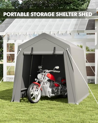 6 x 8 ft Carport Storage Shed, Portable Garage with Roll-up Zipper Door, Heavy Duty Waterproof Tarp, Storage for Motorcycle, Bike, Firewood, Garden Tools