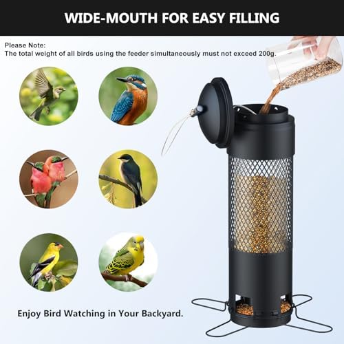 Bird Feeders for Outdoors Squirrel Proof with Weight-Activated Perches, Hanging Bird Feeder for Outside, Metal Feeder for Wild Cardinal, Finch, Blue Jay, Chickadee, 3LB Seed Capacity, Black