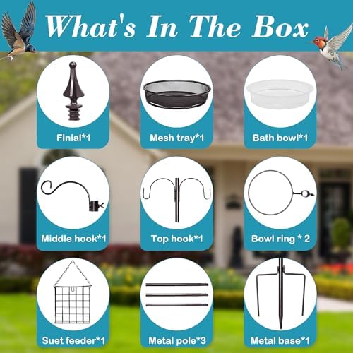 Bird Feeder Stand Pole,77 Inch Feeding Station Kit for Outside, Wild Bird Feeder Hanging Kit with Metal Suet, Bird Bath and Mesh Tray, 3-Prong Base