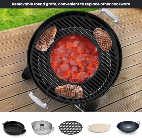 Skyflame Charkettle 2-in-1 Cast Iron 21.5 Inch Grill Grate Replacement Gourmet BBQ System, Compatible with Weber 22-1/2 inch Kettle Charcoal Grills