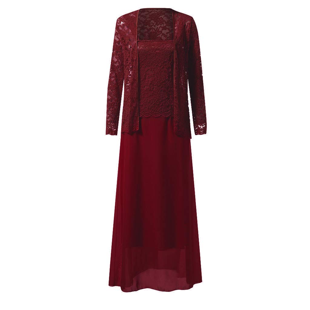 Aniywn Women Plus Size Two Piece Long Sleeve Party Dress Lace Solid Color Elegant Long Maxi Dress Mini Dress Wine