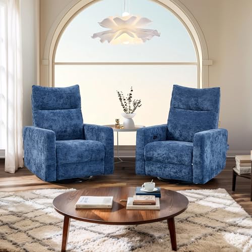 Power Swivel Rocker Recliner Chair Set of 2, 270° Swivel Rocking Chair for Adults Living Room Nursery Bedroom Electric Glider Reclining Single Sofa with USB Port Infinite Position Backrest (Dark Blue)