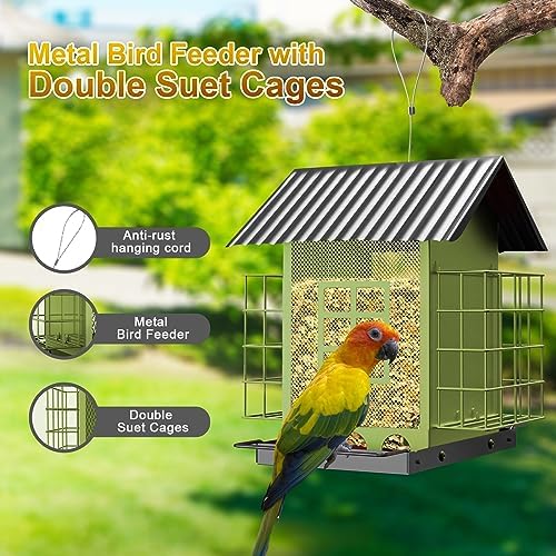 Bird Feeders for Outdoors Hanging, Metal Bird Feeder with Double Suet Cage Cake, Large Capacity, Birdfeeders Sturdy & Weatherproof, Easy to Clean & Refill, Great for Attracting Wild Birds