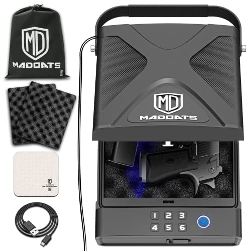 MD MADOATS Car Gun Safe, Portable Biometric Safes for Pistols with Cable, Fingerprint & Keypad & Key Access Handgun Lock Box for Vehicle Travel Home (Metal Logo)